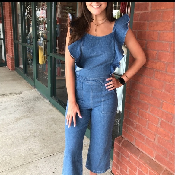 denim ruffle jumpsuit